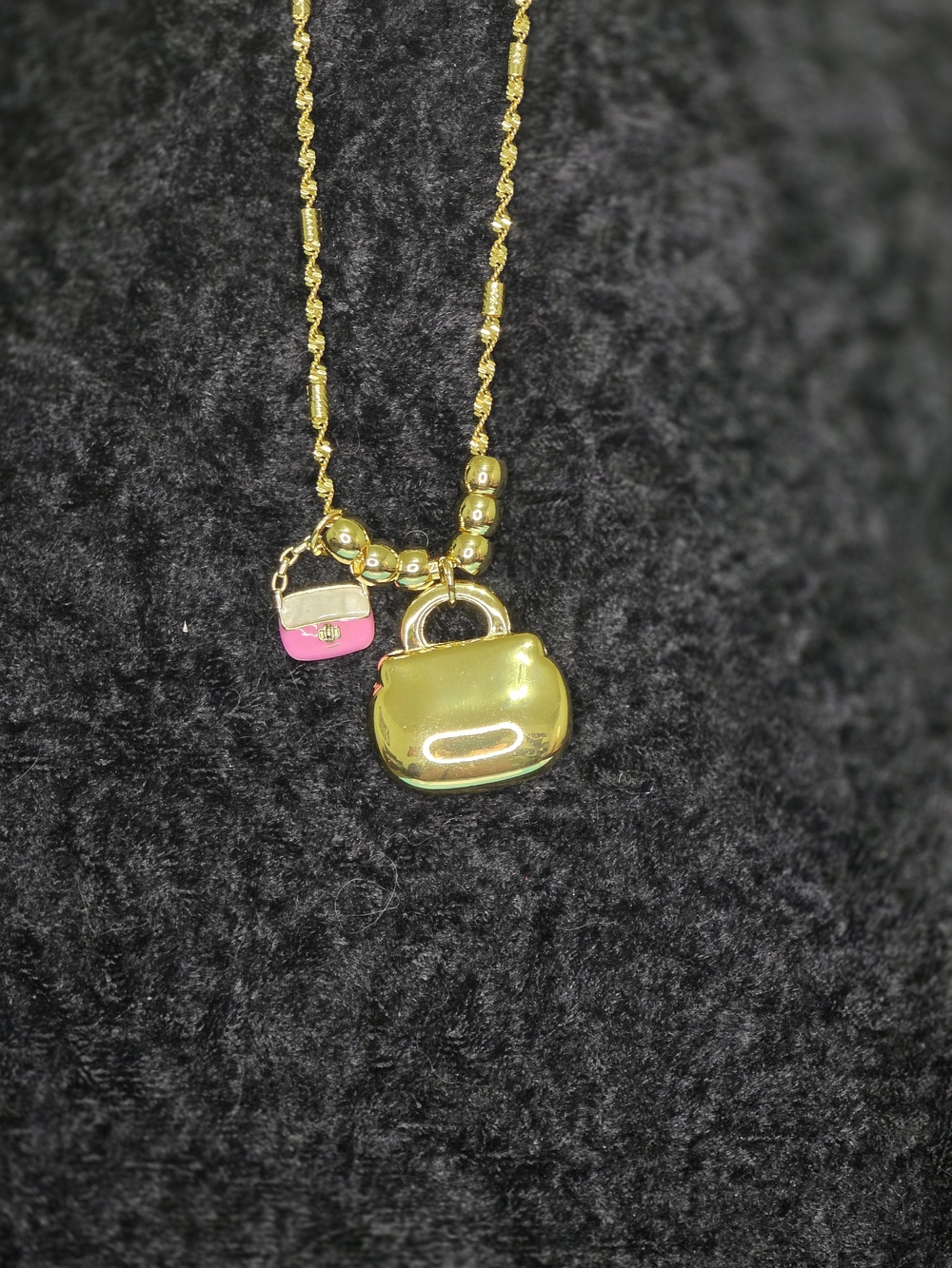 Gold-Plated Purse Charm Necklace with Pink Accent